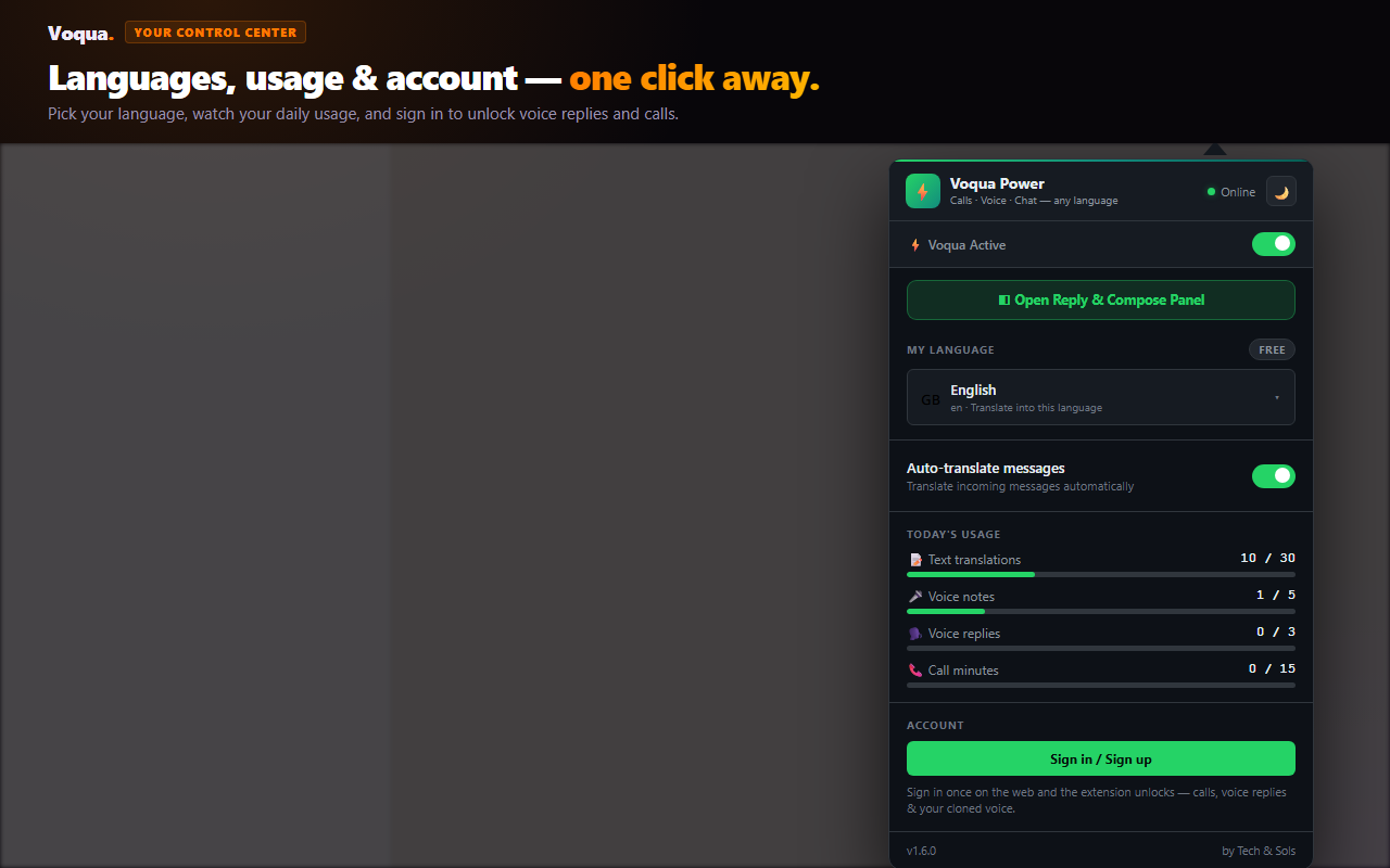 Voqua Chrome extension popup showing account and usage state