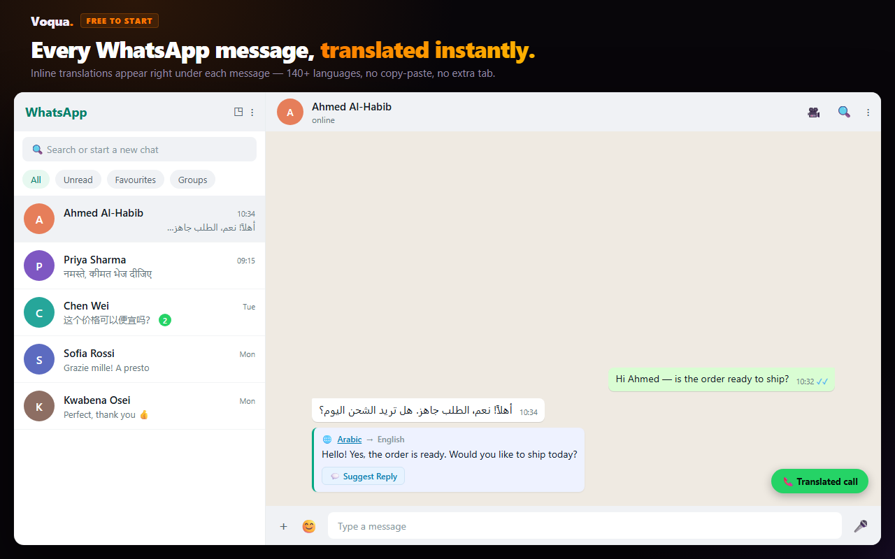 Voqua translating every WhatsApp Web message inline in 140-plus languages