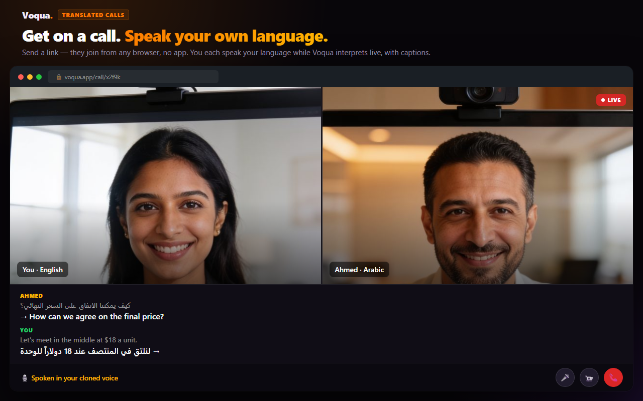 Voqua live translated video call with on-screen captions, each person speaking their own language